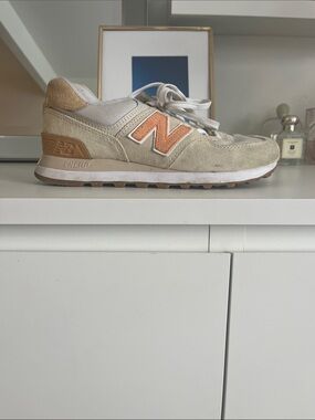 New Balance Beige Suede Sneaker with Orange 'N'